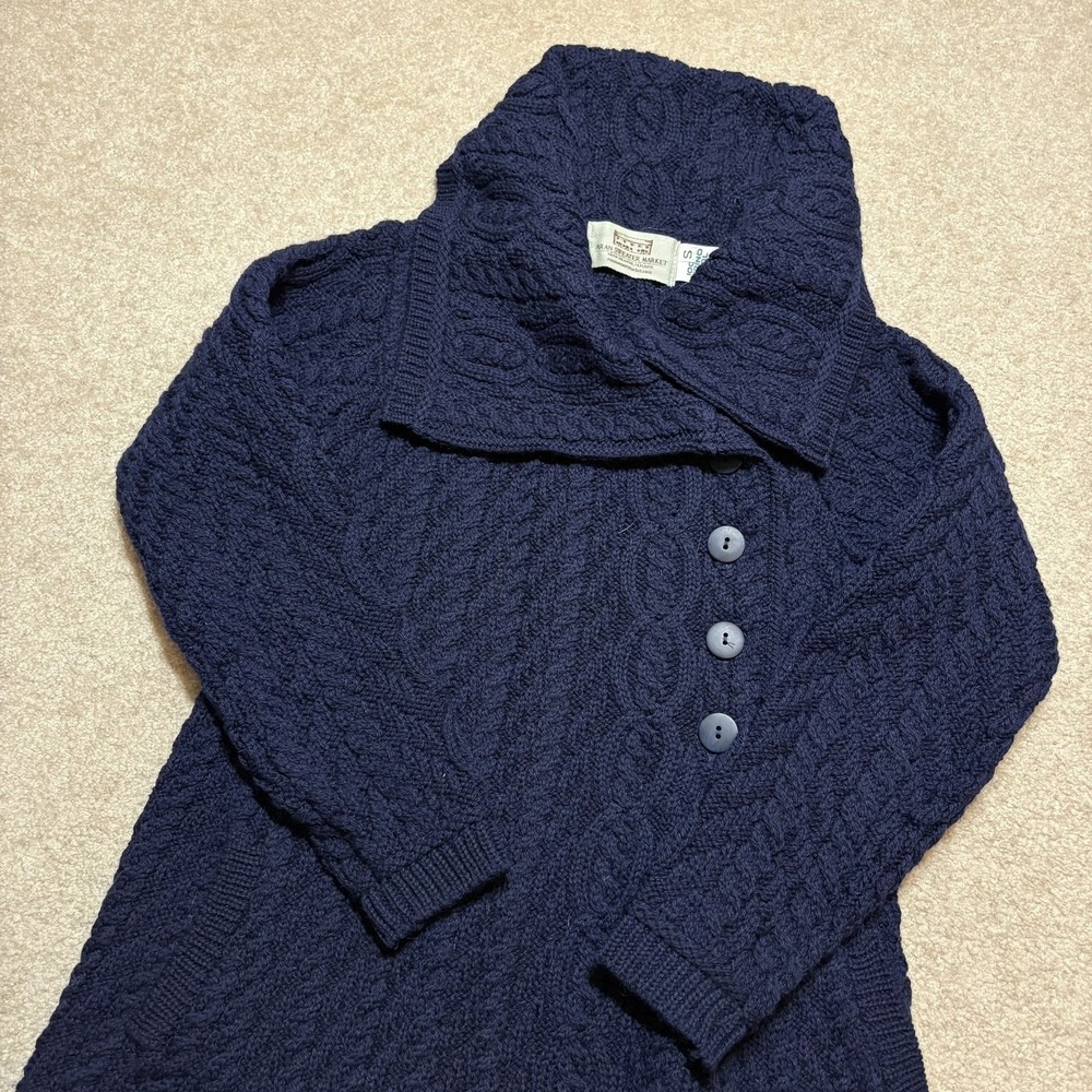 Vtg Aran Sweater Market Cardigan Sweater Womens Small Blue Wool Cowl‎ Cable Knit